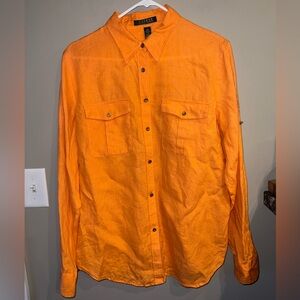 Make offer! Lauren Ralph Lauren orange 💯 linen button up woman’s large shirt
